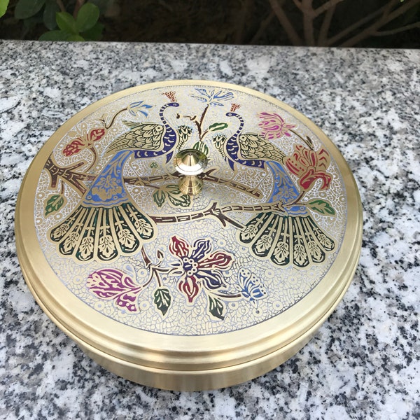 Elegant Etched Brass Masala/Spice Box | Peacock Design | 7 Compartments and 1 Spoon | Size - 7", 9"