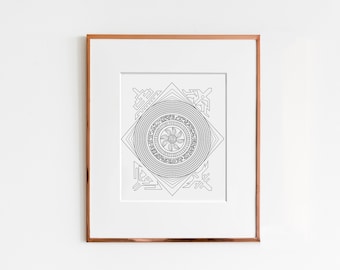 Geometrical Circle in Square with Tribal Motifs Art Print | Geometric Design | Coloring Art | Technical Illustration
