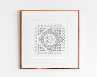 Flowered Geometrical Circle in Square | Technical Art | Coloring Art | Mathematical Design / Archival Print