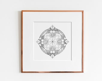 Circle and Triangles with Hand Drawn Symbols Art Print | Coloring Art | Geometric Design | Technical Illustration