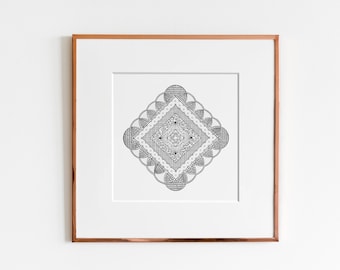 Diamonds and Circles  with Hand Drawn Symbols Art Print  | Coloring Art | Geometric Design | Technical illustration