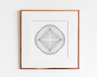 Cube in Circle with Hand Drawn Symbols Art Print  | Coloring Art | Geometric Design | Technical Illustration