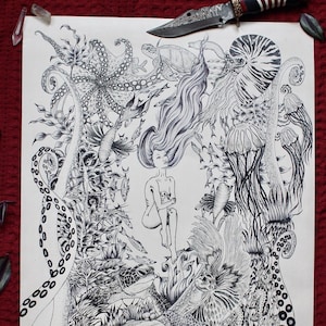 Ocean - ilustracja - syrena - morze - bogini - wodorosty - ośmiornica - A3 / A2