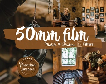 8 retro 50 mm Lightroom-förinställningar, analoga filter, filmiska förinställningar, Instagram-filmfilter för mobil, Lightroom-skrivbord, porträttfilter