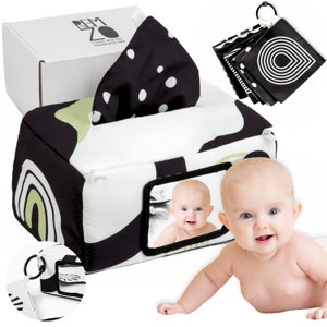 3-in-1 Baby Tissue Box Toy w/ 10 Hanging Baby Crinkle Paper & Baby Tummy Time Mirror - Magic Tissue Box Baby Toy - Sensory Montessori Toys