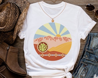 Camiseta con estampado del desierto, estampado de cactus y sol, camisa estilo western.
