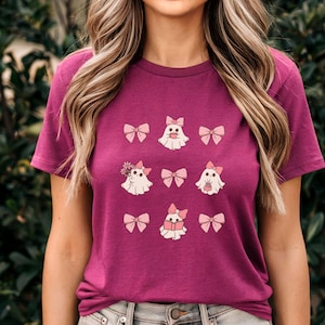 Halloween ghost pink Bow T shirt, Retro Halloween Shirt, Halloween Women&#39;s Pink ghost tee, Halloween Costume, Fall tee, Spooky Season