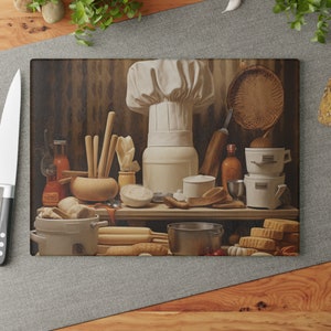 May include: A still life painting of a chef's hat, wooden rolling pins, bowls, and other kitchen tools on a wooden shelf. The painting is in a rustic style with warm brown and beige tones.