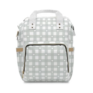 Grey Checkered and Hearts Multifunctional Diaper Bag - Perfect for On-the-Go Parents!