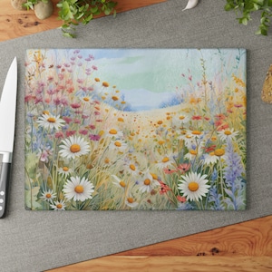 Enchanting Floral Meadow Glass Cutting Board - Beautiful Kitchen Decor