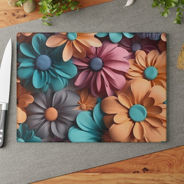 Elegant Teal, Pink and Peach Flowers Glass Cutting Board - Functional Kitchen Decor