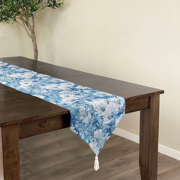 Blue Floral Table Runner, Spring nature garden, retro pattern, dining table centerpiece, 13" x 90"