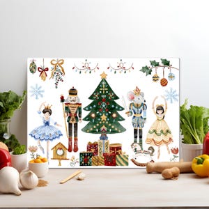 Christmas Nutcracker Tempered Glass Cutting Board – Holiday Kitchen Tray with Ballerina, Mouse King & Ornaments – Rustic Farmhouse Decor