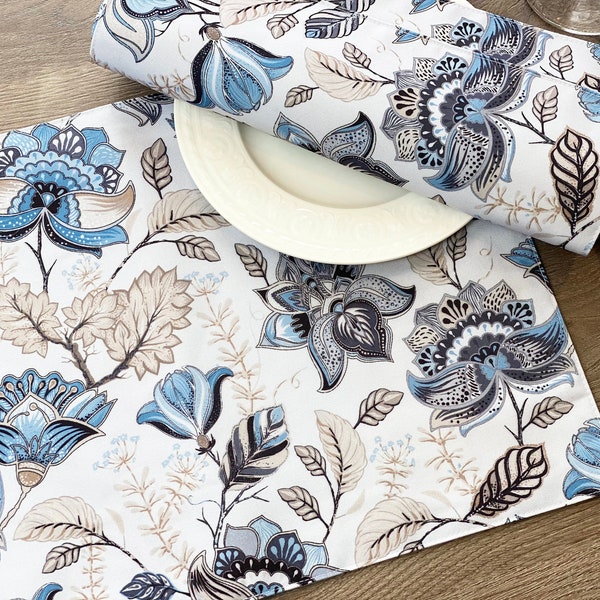 Set of 4 Blue flower Placemat, Spring Elegant Vintage Floral and Plants Pattern, Machine washable Cotton Placemat,mothers day gift