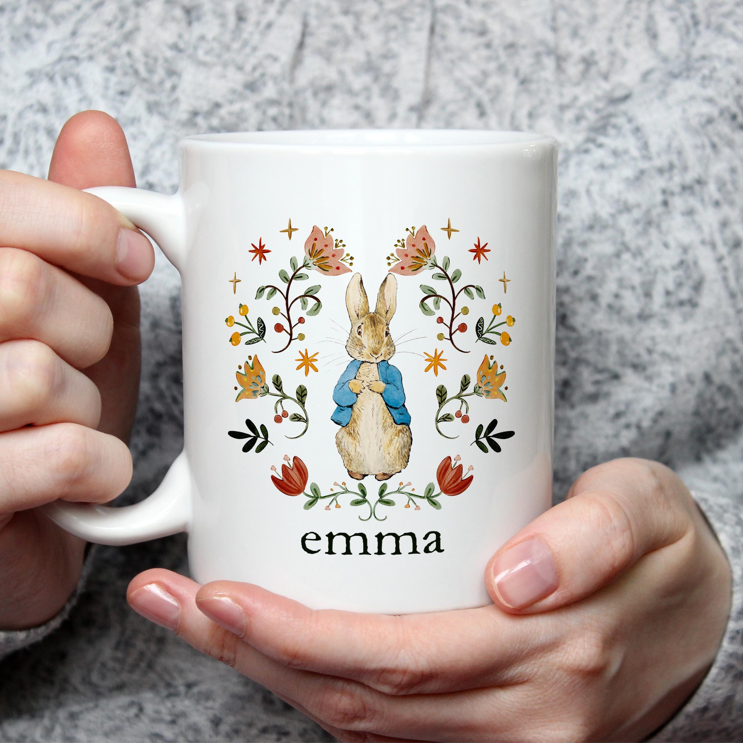 Personalized Peter Rabbit Mug | Folk Art Botanical Bunny Coffee Cup - Etsy