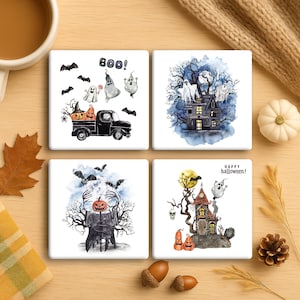May include: Set of four square Halloween-themed coasters. Each coaster features a different watercolor illustration: a black truck with pumpkins, a haunted house, a scarecrow, and a spooky house with the text "Happy Halloween!"
