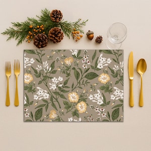 Set of 4 Vintage Floral Placemats,Botanical Flower Table Mats,Yellow Petunia Jasmine, Farmhouse Rustic Dining Decor,Machine washable cotton