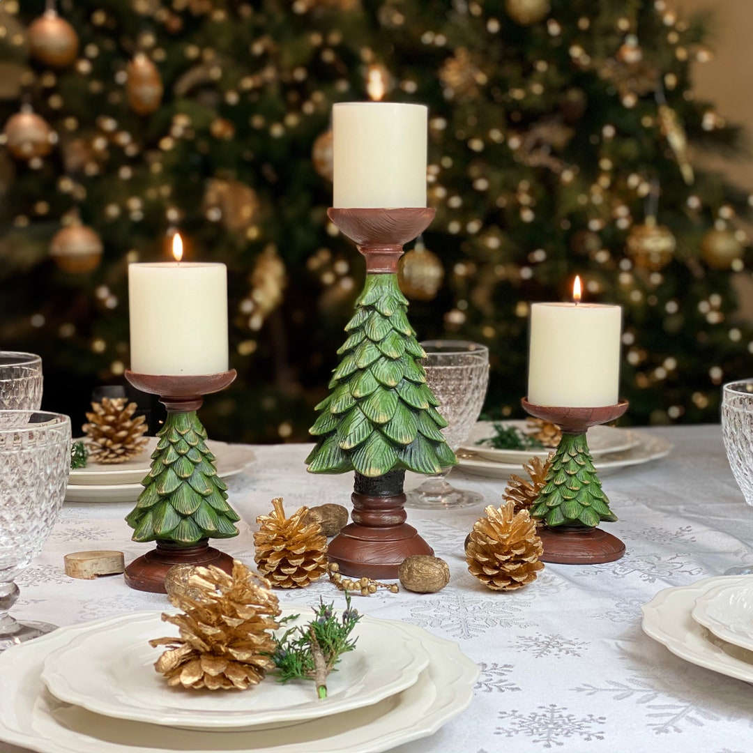 Set of 3 Christmas Tree Candle Holder, Holiday Centerpiece, Pine Tree ...