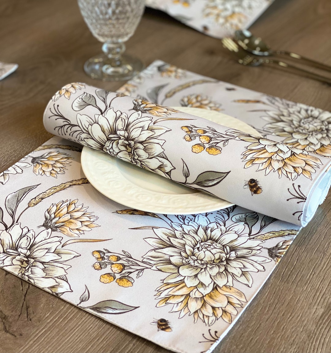 Set of 4 Vintage Yellow Floral Bee Placemats,wildflower Botanical,fall ...