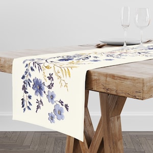 Double Sided French Style Vine Floral Table Runner 16 X 72 ", Blue Yellow Wildflowers, Rustic Farmhouse Fall Decor, Dining Table Centerpiece
