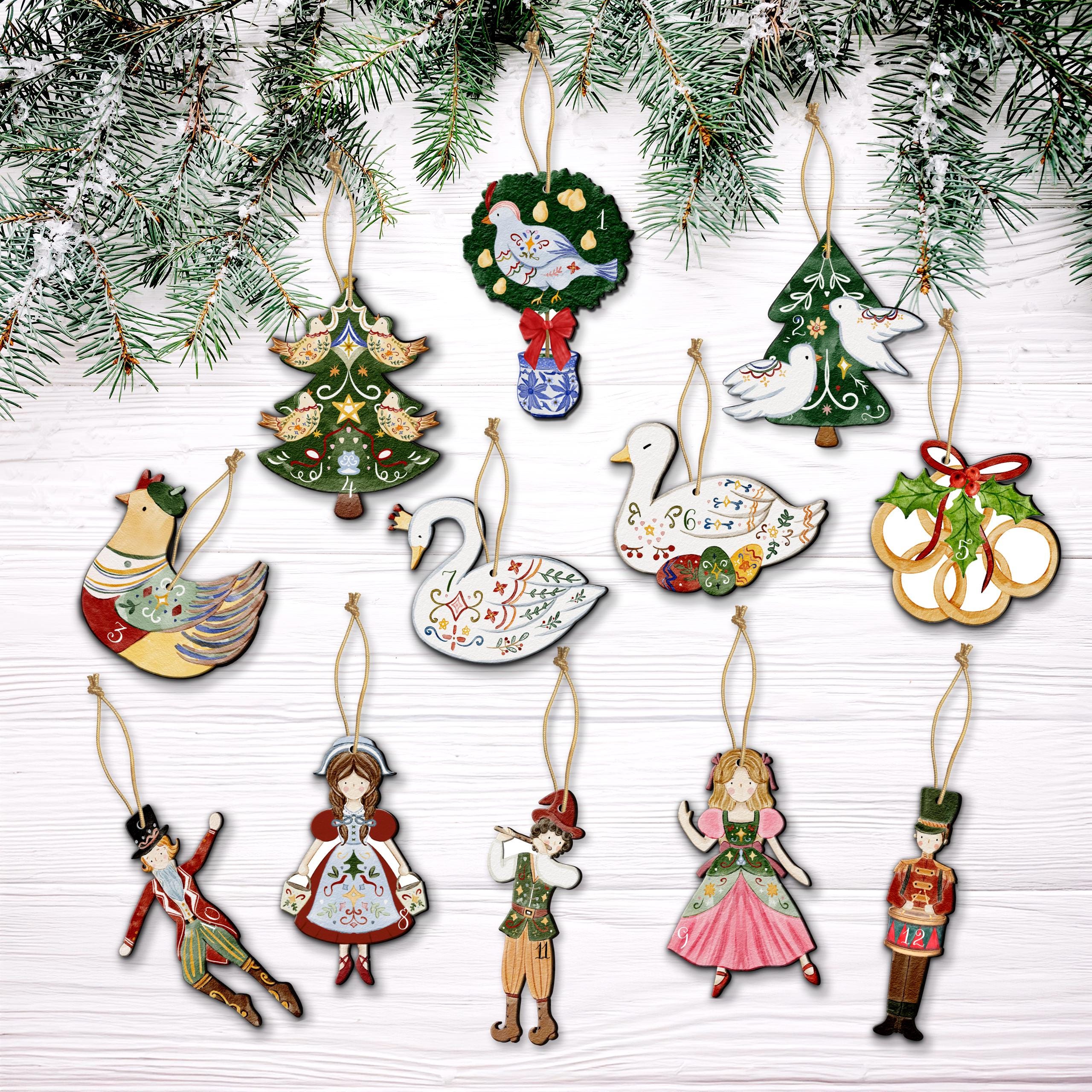 12 Days of Christmas Wooden Ornament Set,vintage Folk Art Xmas