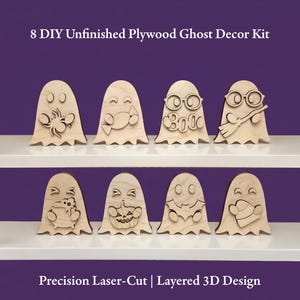 May include: Eight unfinished plywood ghost decor kit. Each ghost is laser-cut with a layered 3D design. The ghosts have various expressions and accessories, including a spider, candy, glasses, a broom, a frog, a pumpkin, a bat, and a mask. The text says "8 DIY Unfinished Plywood Ghost Decor Kit" and "Precision Laser-Cut | Layered 3D Design".