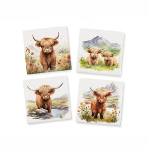 Set of 4 Highland Cow Coasters with Cork Backing – Rustic Farmhouse Ceramic Drink Coasters, Watercolor Cottagecore Decor, Housewarming Gift