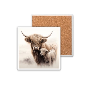 Highland Cow Ceramic Coaster with Cork Backing – Rustic Western Farmhouse Drink Coaster, Vintage Country Kitchen Decor, Housewarming Gift