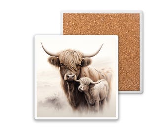 Highland Cow Ceramic Coaster with Cork Backing – Rustic Western Farmhouse Drink Coaster, Vintage Country Kitchen Decor, Housewarming Gift
