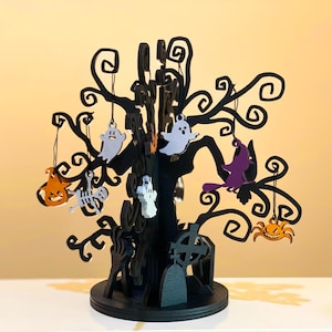 Árbol embrujado de Halloween de madera 3D con adornos, cementerio aterrador, bruja, calabaza, fantasmas, murciélago, araña, esqueleto, decoración de mesa con escena espeluznante.