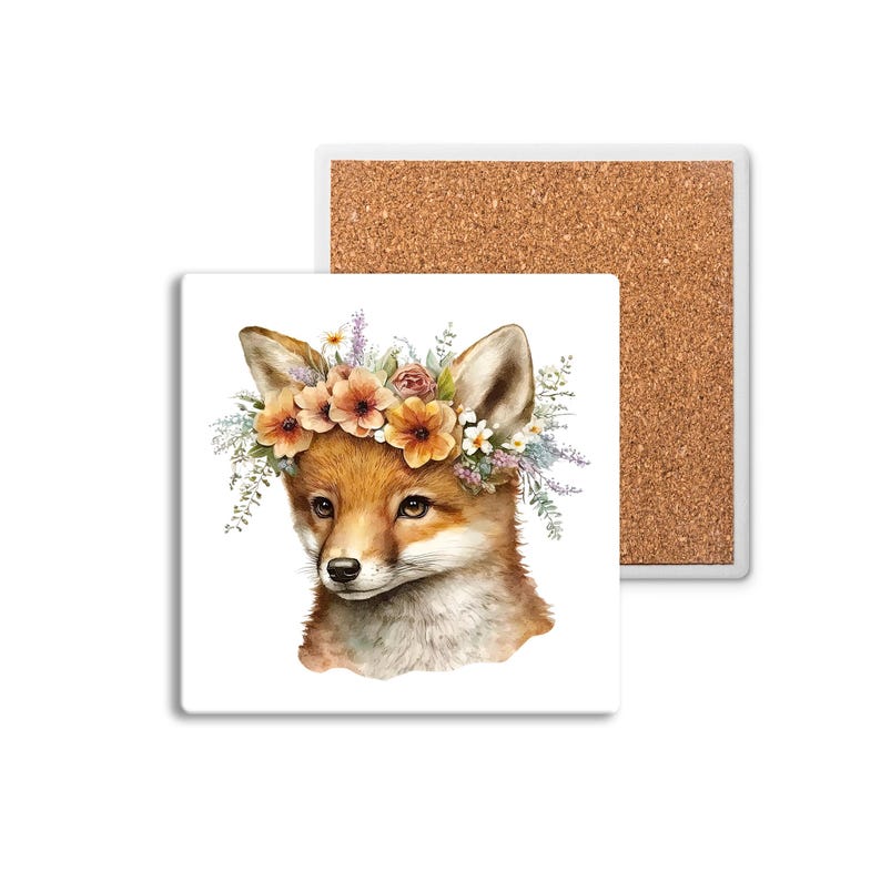 Set of 4 Watercolor Fox Ceramic Coasters-cute Floral Wreath Animal ...