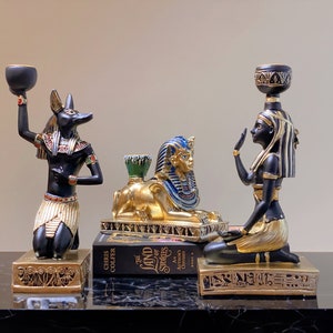 Set of 3 Ancient Egyptian deities Statue Candle holder, Vintage Style God and Goddess Home Décor,Halloween tabletop decor,holiday gifts