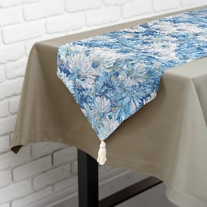 Blue Floral Table Runner 13" x 90" – Woven Tapestry botanical Chrysanthemum with Tassels,Vintage Farmhouse Dining Table & Boho Kitchen Decor