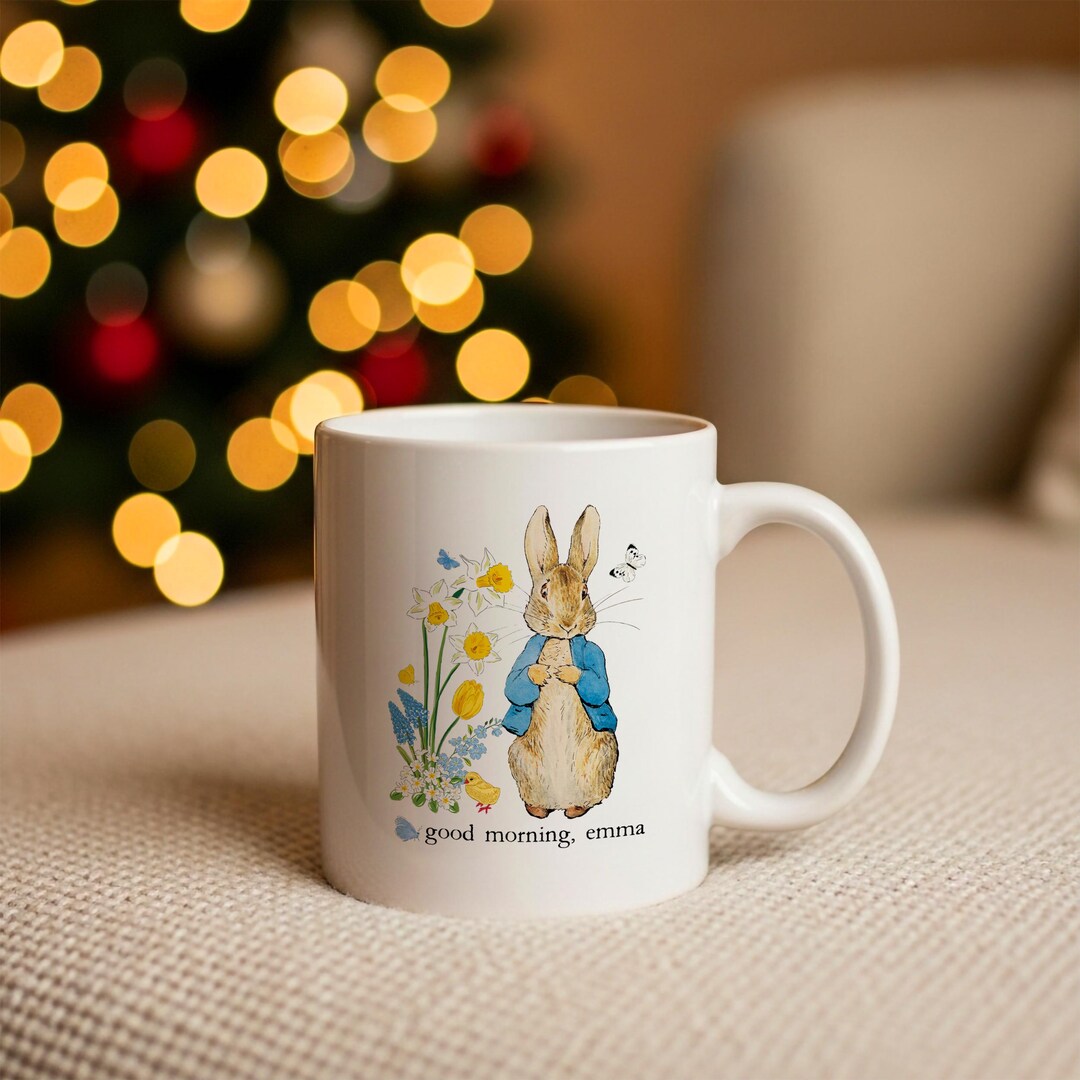 Personalized Peter Rabbit Mug, Custom Name Woodland Rabbit Floral Mug ...
