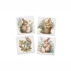 May include: Set of four square coasters featuring a brown bunny rabbit surrounded by colorful flowers and Easter eggs. Each coaster has a different bunny pose.