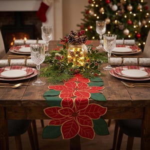 Christmas Poinsettia Embroidered Cutwork 54-Inch Table Runner, Festive Red and Golden Winter Holiday New Year party Floral Centerpiece Decor