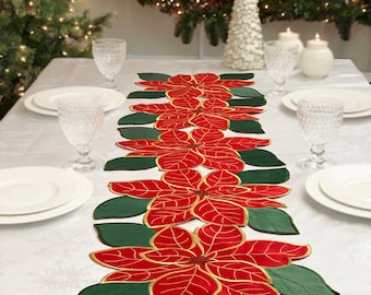 Christmas Poinsettia Embroidered Cutwork 54-Inch Table Runner, Festive Red and Golden Winter Holiday New Year party Floral Centerpiece Decor