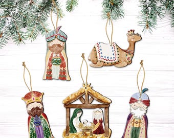 Christmas Nativity Wooden Ornament Set, Laser Cut Nativity Scene, Holy Family & Three Wise Men Tree Hanging Décor,Religious Christmas Gift