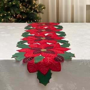May include: Red and green poinsettia table runner with embroidered details. The runner features a repeating pattern of poinsettia flowers with green leaves.