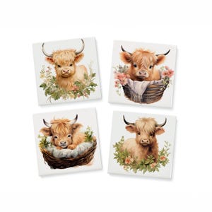 Set of 4 Baby Highland Cow Coasters with Cork Backing–Rustic Farmhouse Drink Coasters,Cute Calf Floral Design,Spring Decor,Housewarming Gift