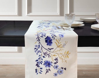 Double Sided French Style Vine Floral Table Runner 16" X 72 ", Spring blue yellow rustic nature garden print centerpiece decor,gift for mom