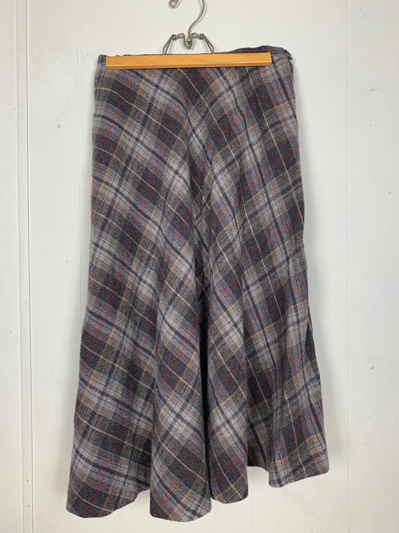 Gray Plaid Wool Midi Skirt
