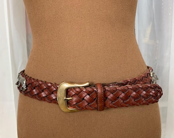 Brighton Brown Braided Leather Belt with Silver Animal Charms