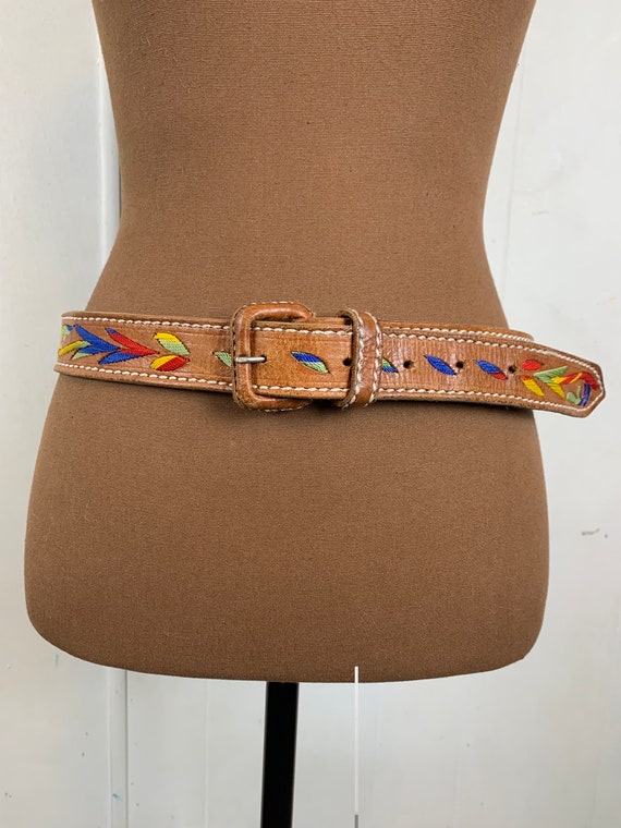 Tan Leather Belt with Multicolored Embroidery