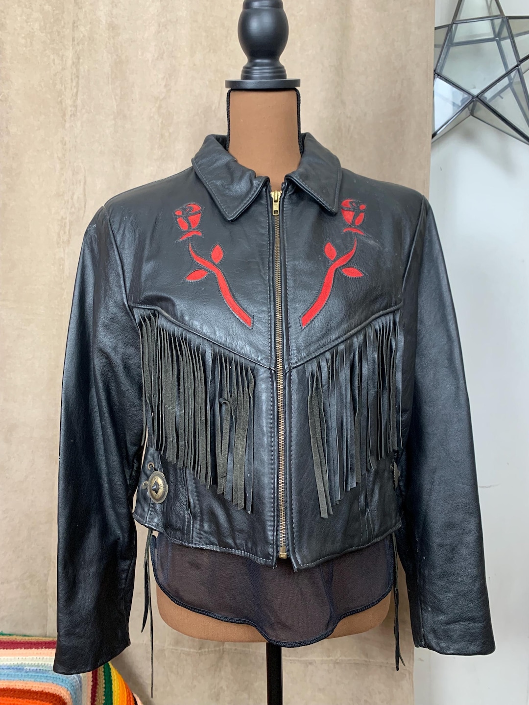 Protech Leather Apparel Leather Jacket With Fringe and Rose