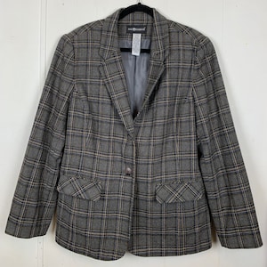 May include: A gray plaid blazer with a single button closure and two front pockets. The blazer is made by the brand Sage Harbor.