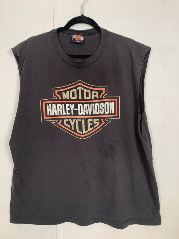 Harley-Davidson Eagle Pattern Sleeveless Cut-Off Motorcycle T-Shirt (Men's Size S) unclear blue type Vintage Second Hand