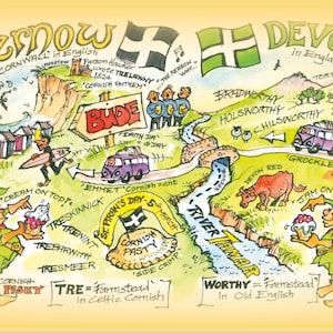 Puede incluir: Un mapa dibujado a mano de Cornualles y Devon en Inglaterra, con un río, una vaca y un pasty de Cornualles. El mapa está ilustrado con un estilo caprichoso e incluye texto sobre las regiones.