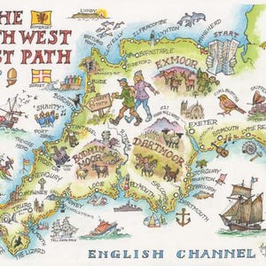 May include: An illustrated map of the South West Coast Path in England, featuring hand-drawn illustrations of landmarks and towns. The map shows the path's route and includes the text "The South West Coast Path" and "630 miles".