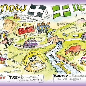 Puede incluir: Una ilustración colorida que representa las regiones de Cornualles y Devon en Inglaterra. La ilustración presenta un mapa con puntos de referencia, tradiciones locales y referencias culturales. Incluye texto como "Cornwall in English", "Devon in England", "St. Piran's Day", "Cornish Pasty", "Tre = Farmstead", y "Worthy = Farmstead".